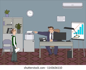 Angry boss fires employee and points at the door at the office. Business concept unemployment, crisis, jobless and employee job reduction. Work space, work place with furniture.Vector illustration
