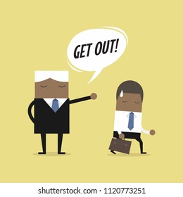 Angry boss firing African businessman employee. Layoff concept, jobless and employee job reduction concept.