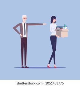 Angry boss firing employee. Dismissed frustrated business woman carrying box with her things vector flat illustration. Business concept unemployment, crisis, jobless and employee job reduction