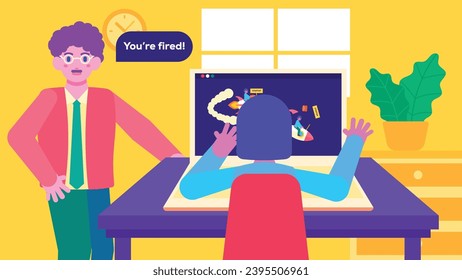 Angry boss firing an employee for poor performance in an office cubicle. Flat vector illustration. Jobless, laid off, failed employee.