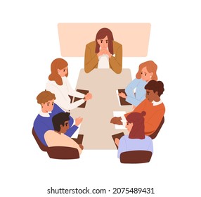 Angry boss and frustrated team at tensed business meeting. Staff guilty in work failure, trouble and problem sitting in silence at office table. Flat vector illustration isolated on white background