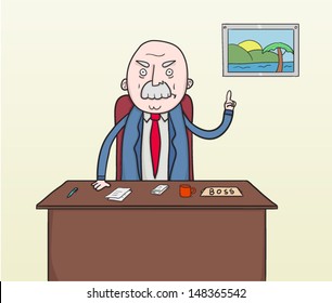 Angry boss at his desk with finger lifted