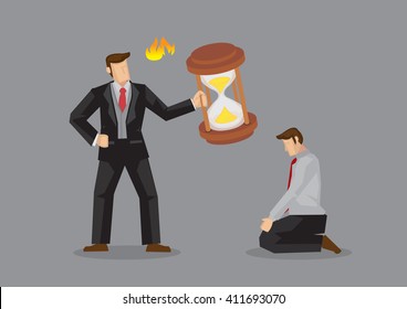 Angry boss holding large hourglass and employee kneels down in apology. Vector cartoon illustration on time management problem in workplace isolated on grey background.