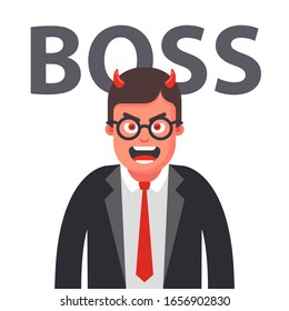 angry boss with horns. displeased face of a man in a suit. Flat character vector illustration.