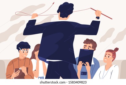 Angry boss, irate teacher flat vector illustration. Team relations, fear atmosphere, attitude towards subordinates, screaming at students concept. Man with whip and frightened staff cartoon characters