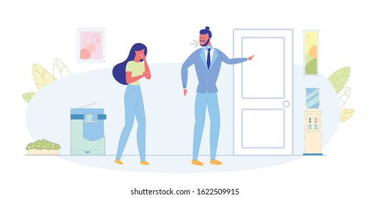 Angry Boss, Job Dismissal, Losing Work Flat Vector Concept. Angry Boss Screaming on Crying Woman, Businessman Arguing on Female Employee, Pointing on Door and Throwing Bad Worker Out Illustration