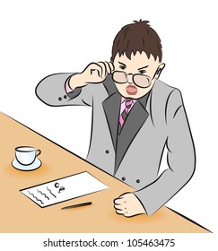The angry boss knocks a fist on a table and shouts. Vector.