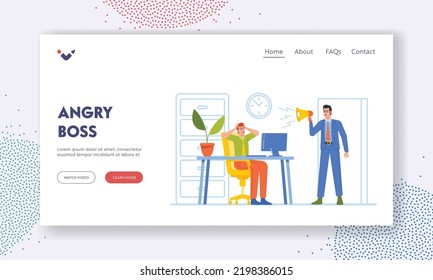 Angry Boss Landing Page Template. Furious Character Yelling to Megaphone on Anxious Employee Sitting at Desk. Office Worker in Deadline Situation, Businessman Hurry. Cartoon People Vector Illustration