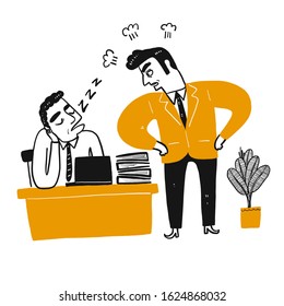 The angry boss look sleeping employee. Hand drawn doodle style vector design illustrations.