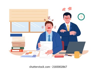 Angry Boss Looking At Lazy Male Employee Working At His Desk In Office, Flat Illustration.