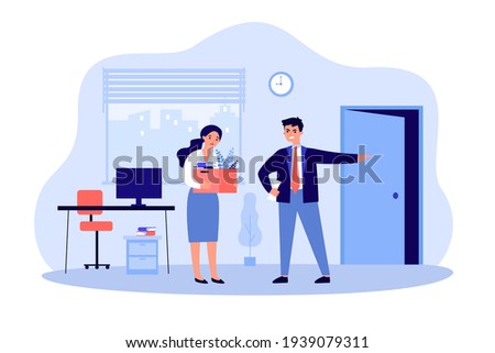 Angry boss man dismissing sad employee woman. Unhappy fired person leaving office work place flat vector illustration. Unemployment concept for banner, website design or landing web page