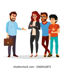 Angry Boss Man Vector. Screams, Shouting To Workers. Scared Docile Employee. Isolated Flat Cartoon Character Illustration