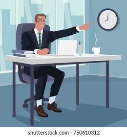 Angry boss or Manager sitting at workplace and points to wall clock. Three quarters and full body view. Being late to work concept. Simplistic realistic comic art style. Vector illustration