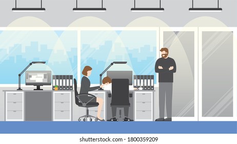 Angry boss and manager standing near exhausted employee that taking a nap in office hour. Office woman try to wake up sleeping colleague that sitting on his desk in workplace. Vector illustration.