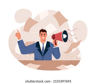 Angry boss with megaphone. Man yells at his subordinates. Failures at work, chief dissatisfied with work of lazy employees. Screams and criticism, emotional speech. Cartoon flat vector illustration