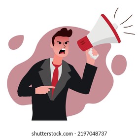 Angry boss with megaphone. Man yells at his subordinates. Failures at work, chief dissatisfied with work of lazy employees. Screams and criticism, emotional speech. Cartoon flat vector illustration.