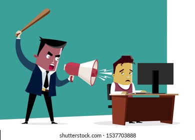 Angry boss with a megaphone shouting at an employee