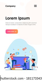 Angry boss with megaphone shouting at employees for missing deadline. Office workers running in chaos, panic and hurry. Vector illustration for overwork, project failure, stress at workplace topics
