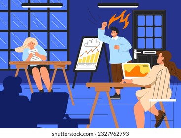 Angry boss in office concept. Man on fire yells at subordinates. Bad atmosphere in team and inefficient organization of workflow. Aggression and emotional pressure. Cartoon flat vector illustration
