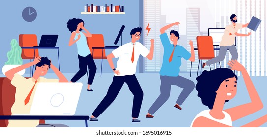 Angry boss. Office confrontation, nervous manager. Corporate chaos and panic. Businessman shouting, workers shocked vector illustration