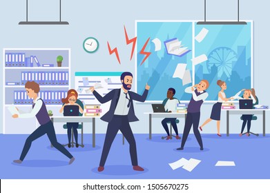 Angry boss in office flat vector illustration. Frightened employees shocked by furious top manager cartoon characters. Stressful working environment concept. Missing deadlines, finding guilty workers