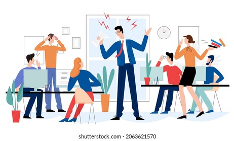 Angry boss in office flat vector illustration. Frightened employees shocked by furious top manager. Stressed vector cartoon characters. Missing deadlines concept