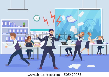 Angry boss in office flat vector illustration. Frightened employees shocked by furious top manager cartoon characters. Stressful working environment concept. Missing deadlines, finding guilty workers