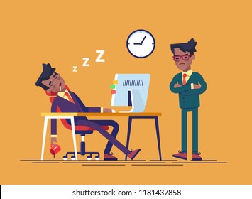 Angry boss and office worker falling asleep at work in office. Exhausted employee sleeping behind his desk while angry chief is standing near. Modern vector illustration.