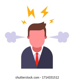 angry boss on a white background. steam from the ears and sparks from the head. flat vector illustration.