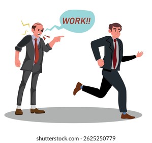 Chefe irritado ordenando funcionário para trabalhar, raiva no local de trabalho, ilustração vetorial.