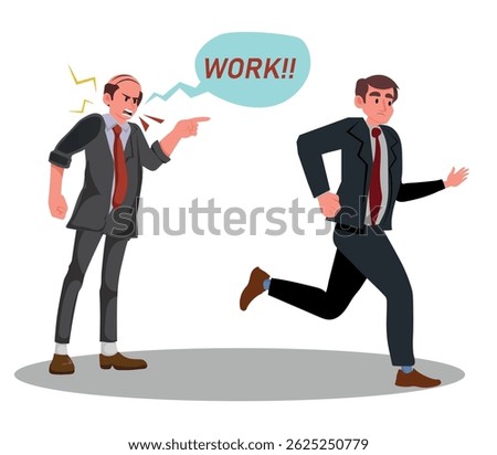Angry boss ordering employee to work, workplace anger, vector illustration.