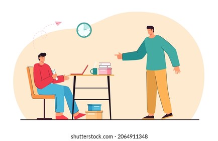 Angry boss pointing to tired late employee to deadline. Man working with laptop in office flat vector illustration. Stress, pressure of deadline concept for banner, website design or landing web page