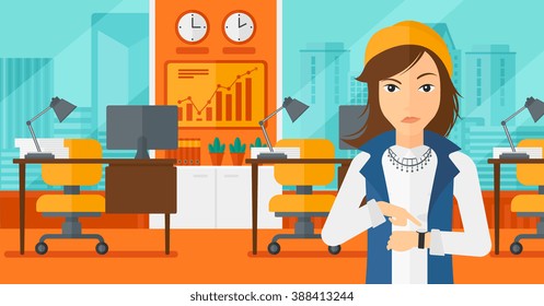 Angry boss pointing at wrist watch.