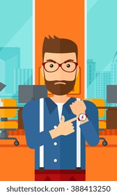 Angry boss pointing at wrist watch.