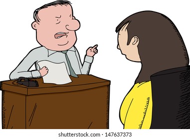 Angry boss pointing and yelling at female employee