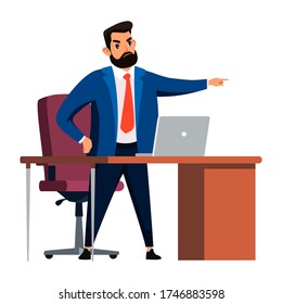 Angry boss points at door. Director reprimanded, punished, dismissed employee. Pressure in office workplace, jobless troubles, unemployment, job reduction concept. Vector character illustration