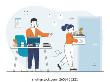 Un jefe enojado señala la puerta mientras un empleado triste lleva una caja de pertenencias fuera de la oficina, estilo de dibujos animados, fondo abstracto azul claro. Concepto de terminación del trabajo. Ilustración vectorial