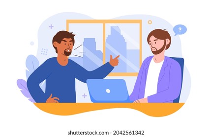 Angry boss reprimands employee concept. Boss scolds staff for breaking deadlines. Man does not understand claims of colleague. Cartoon modern flat vector illustration isolated on white background