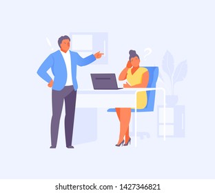 Angry boss reprimands employee. The conflict of colleagues. Vector illustration