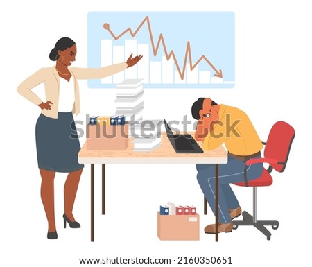 Angry boss scold office work manager vector. Worker bullying, aggression, abuse at business workplace. Scared employee at table and shouting yelling woman chief. Deadline and project failure