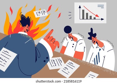 Angry boss scold unhappy stressed employees about bad financial statistics. Furious CEO or businessman lecture workers about negative work results or failure. Vector illustration.  - Shutterstock ID 2185816119