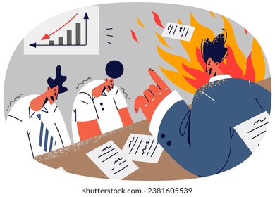 Angry boss scold unhappy stressed employees about bad financial statistics. Furious CEO or businessman lecture workers about negative work results or failure. Vector illustration.