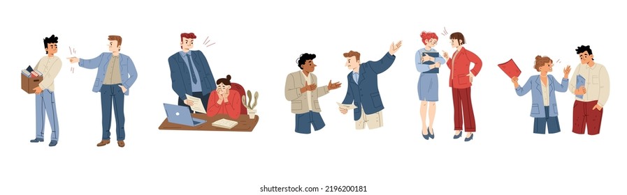 Angry boss scold workers in office. Concept of bad communication on workplace, conflict with leader. Managers shouting at employees and fired staff, vector flat illustration