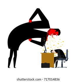 Angry Boss is scolding manager. Office life. Businessman screaming at subordinate. Desktop at computer. Punishment at work. Vector illustration
