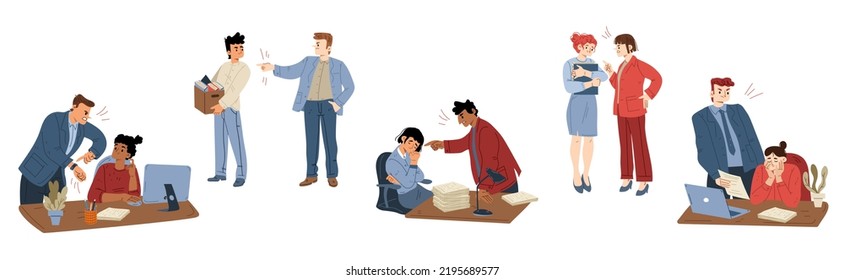 Angry boss scolding and rebuking incompetent employees in office. Dissatisfied furious ceo shouting on business men and women at workplace. Stress at work Cartoon linear flat vector illustration