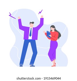 Angry boss scolds employee, scream and angering. Vector boss shouting to office employee, anger manager furious and aggressive illustration