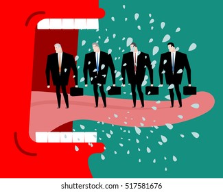 Angry Boss scolds subordinates. Chief yelling at employees. Red director shouting at managers. Flying drooling. Aggressive Head screams. Open mouth and teeth
