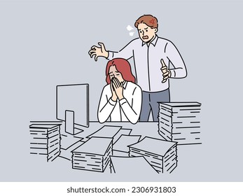 Angry boss scream at exhausted female employee overwhelmed with paperwork in office. Furious male employer yell at stressed worker at workplace. Vector illustration. 