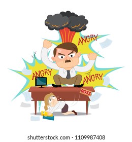 Angry boss scream while female employee hiding, illustration vector cartoon