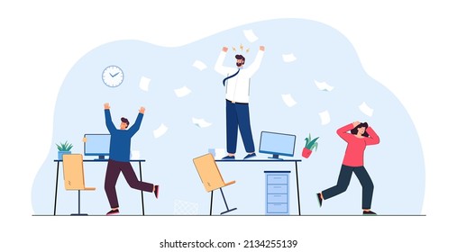 Angry boss screaming at employees flat vector illustration. Busy and frustrated company people running in panic around office, harry up with work and deadlines. Chaos, stress, career concept